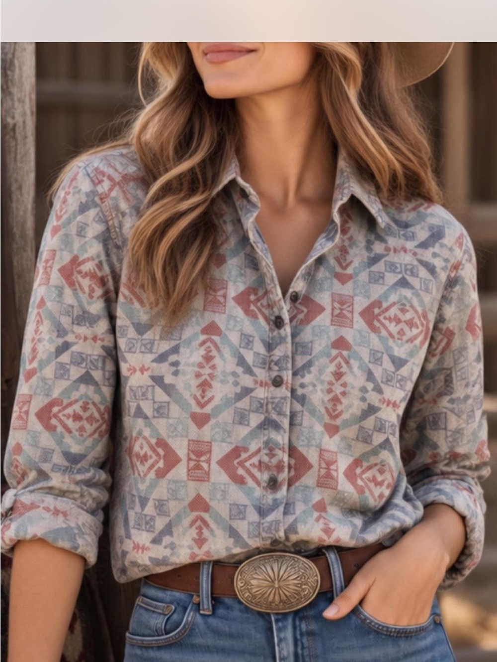Eddie Bauer Aztec Print Button-Down Shirt in Red & Blue
